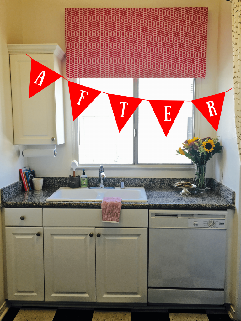 "After" photo of the kitchen sink area with the new DIY window cornice