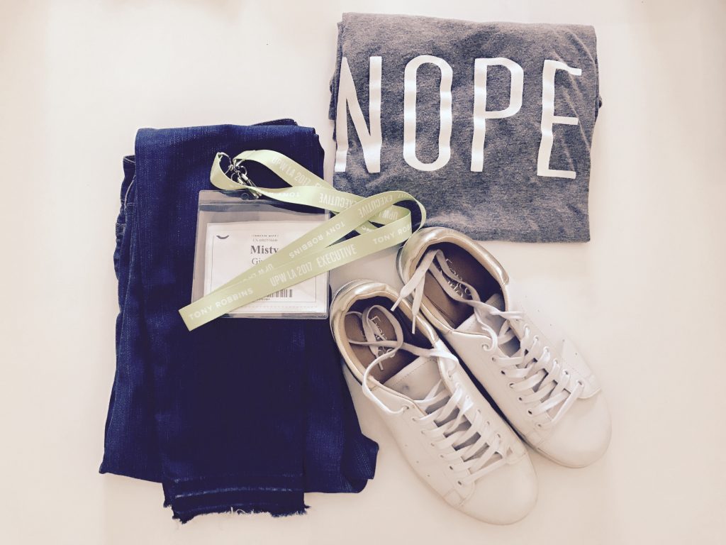 Photo of Misty's outfit for the first day. Her t-shirt says "NOPE" in big letters because she was not interested at all.