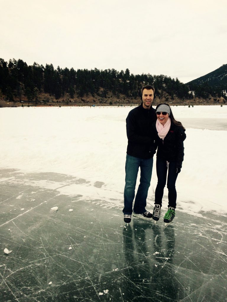 A photo of us ice skating on a frozen lake for Greg's birthday showing how we enjoy even the coldest of winter days