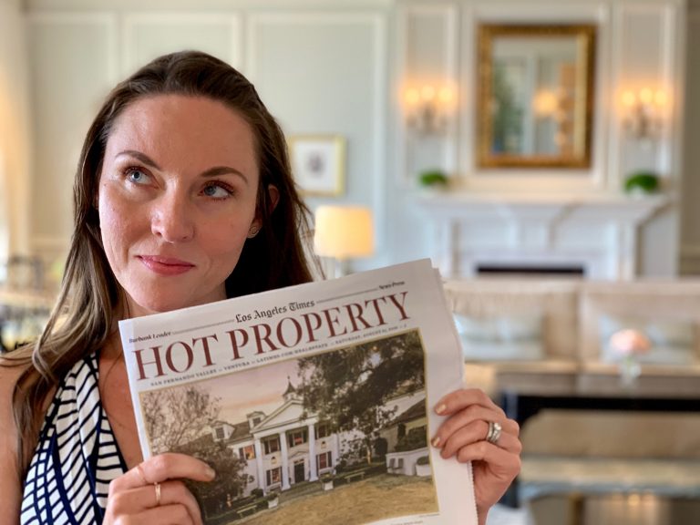 Misty Giunto holding the Los Angeles Times with headline Hot Property, making it seem like she is the hot property